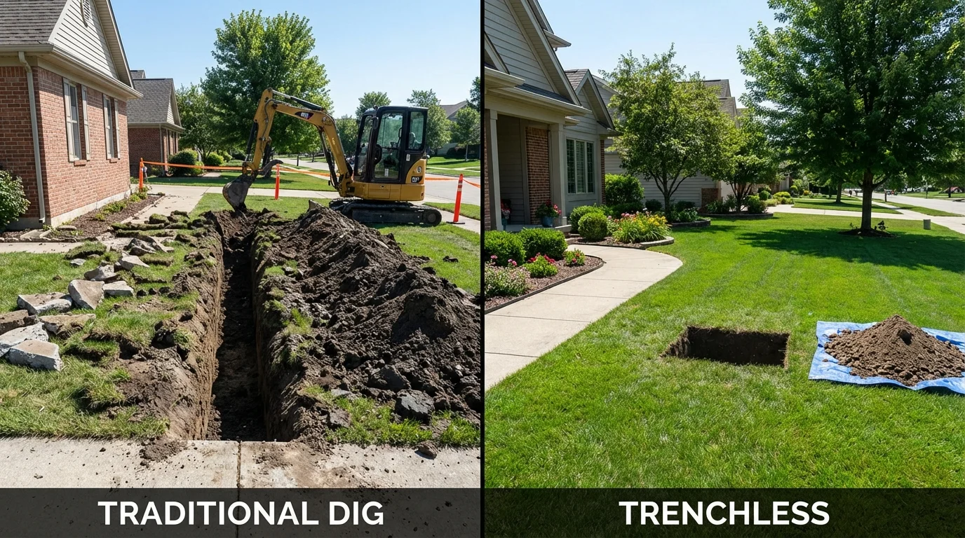Trenchless sewer repair with minimal yard damage versus traditional excavation in Madison, IL