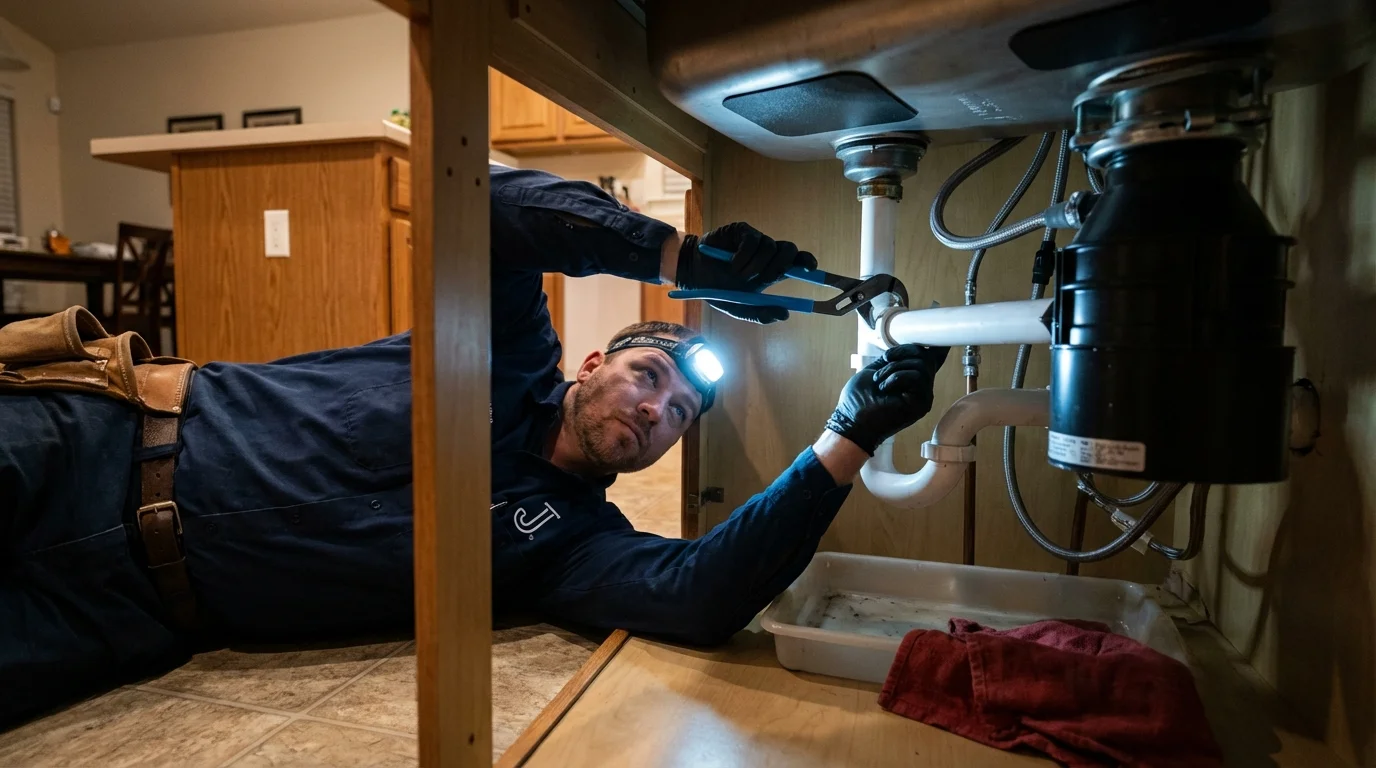 P-trap and supply line connections under a kitchen sink showing a common leak point in Madison, IL